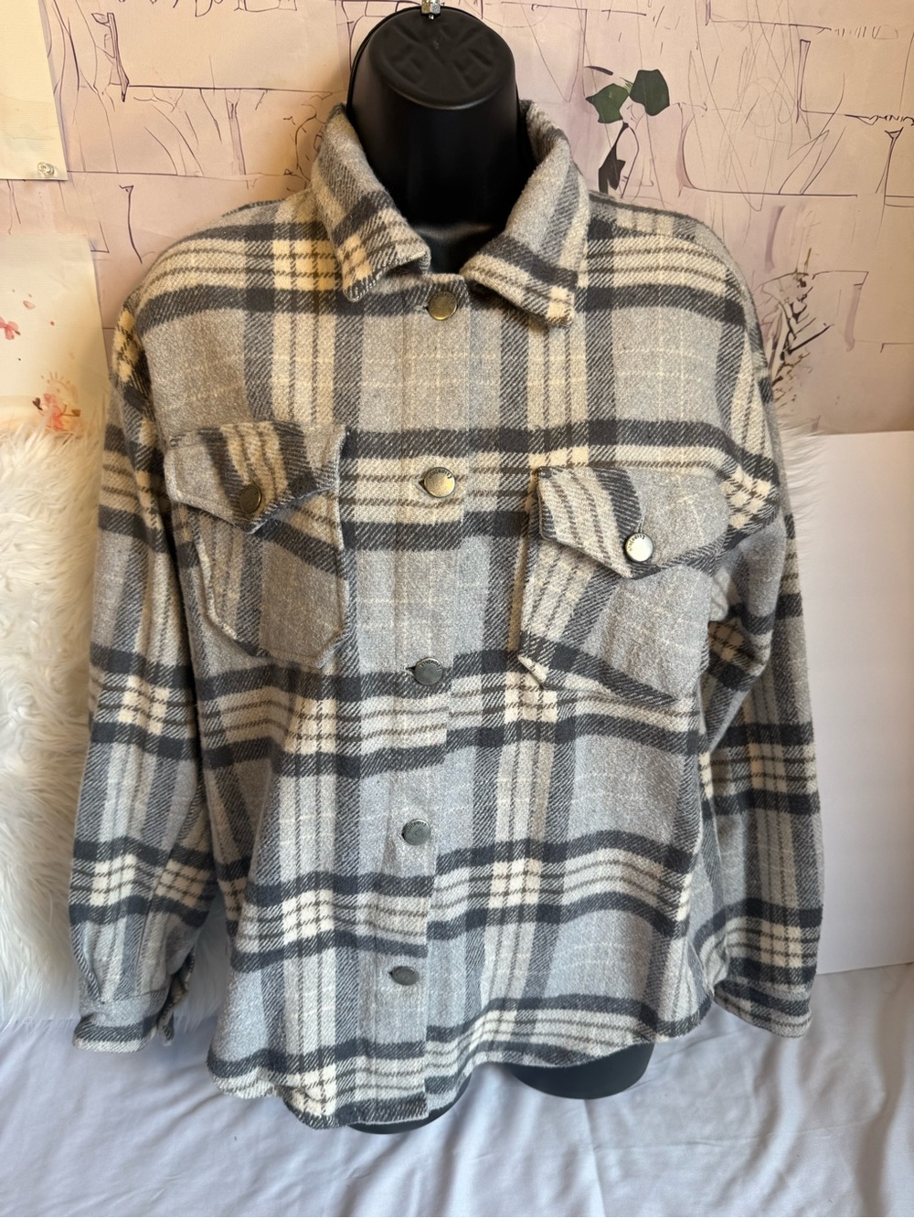 Blu Pepper Gray and Cream Plaid Utility Shacket